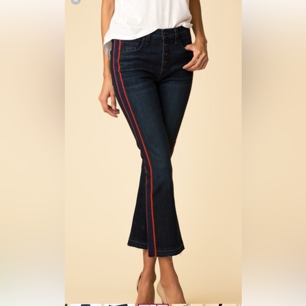 Veronica Beard WOMENS Carolyn 10”BABY BOOT 28  Navy Flare Jeans with Red Stripe